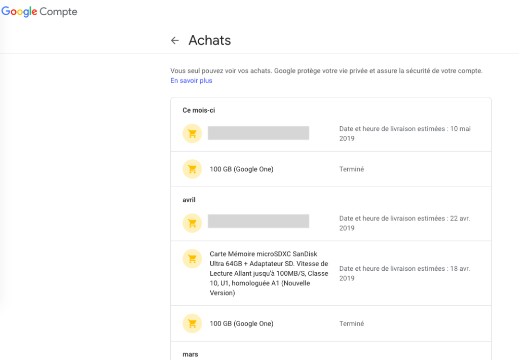 Capture d’écran de l’onglet Achats // Source : myaccount.google.com